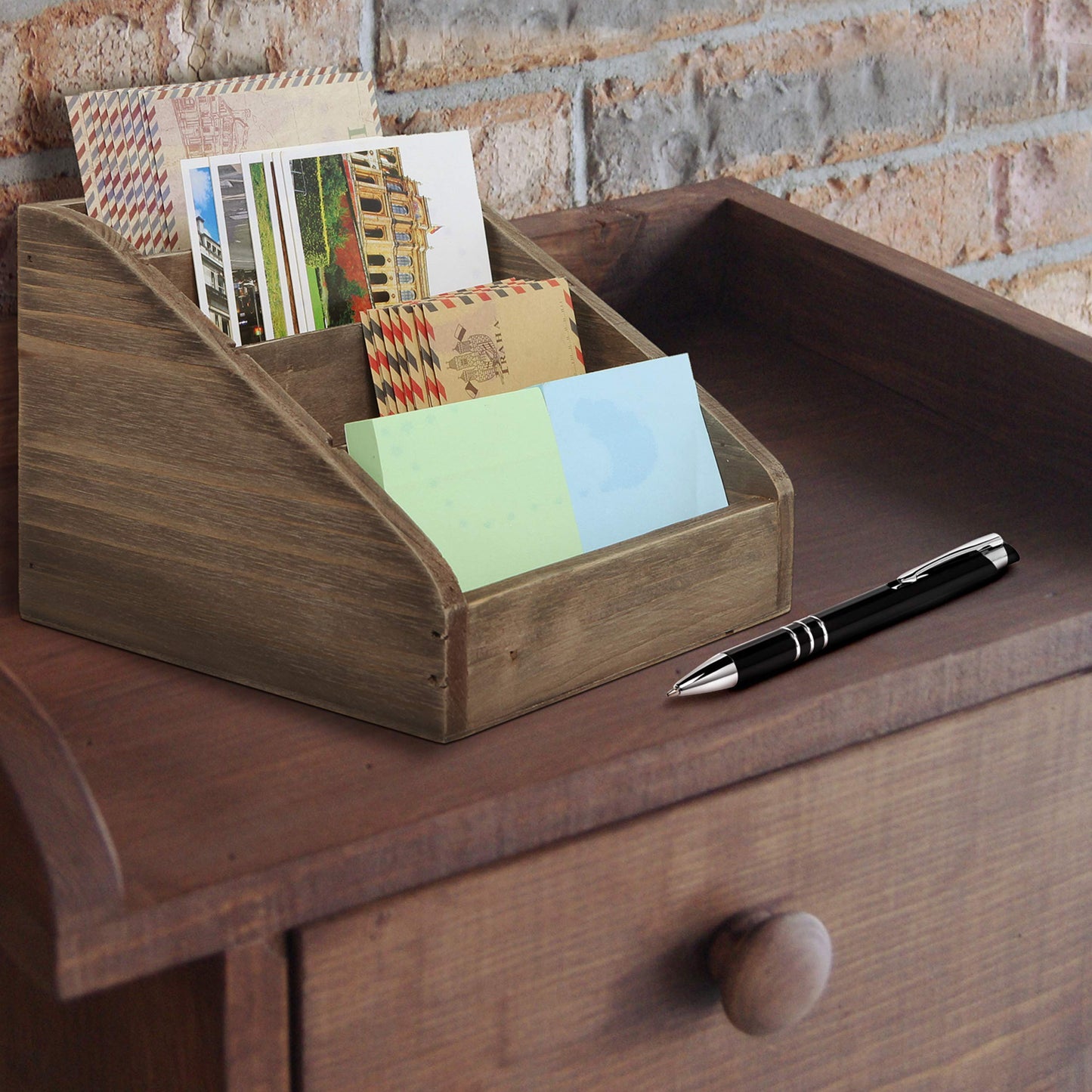 Vintage Dark Brown Wood Mail Sorter with Four Compartments
