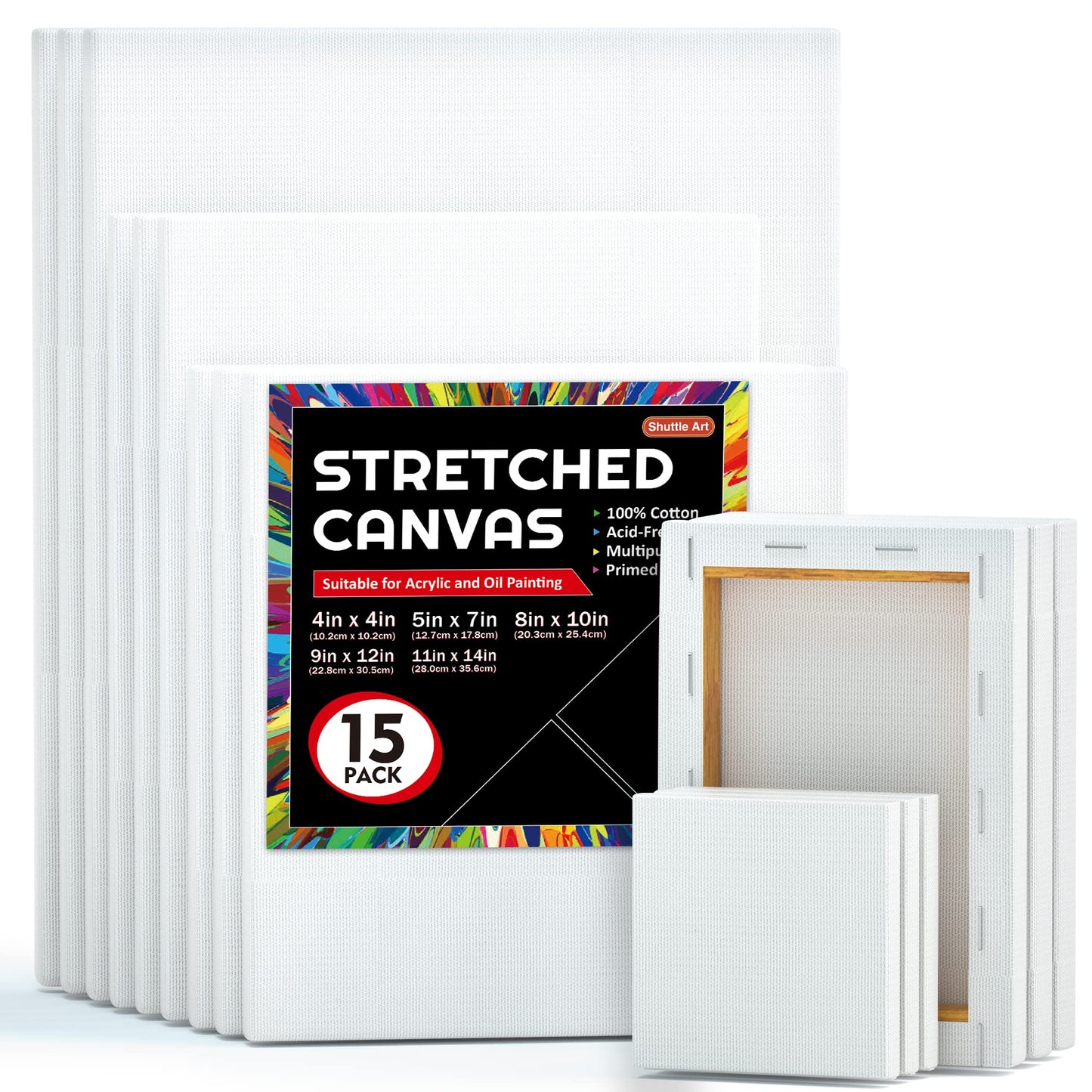 15 Pack Stretched Canvas Set 4x4 to 11x14 Inches