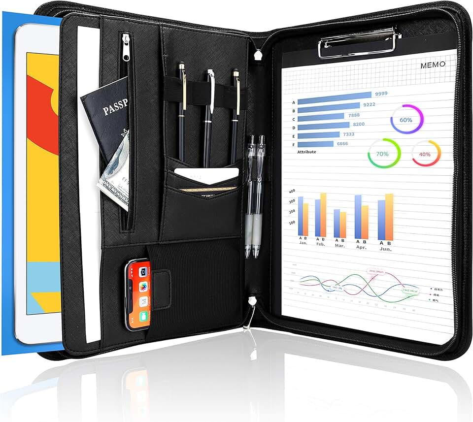 Black Zippered Business Portfolio with Pockets