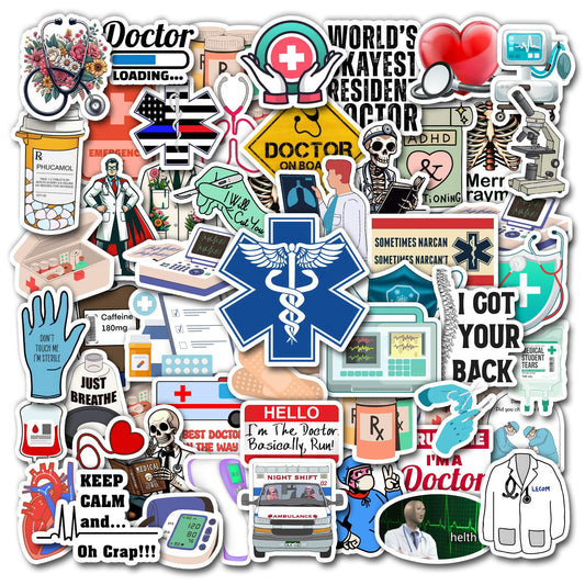 Set of 50 Medical Stickers for Water Bottles and Notebooks
