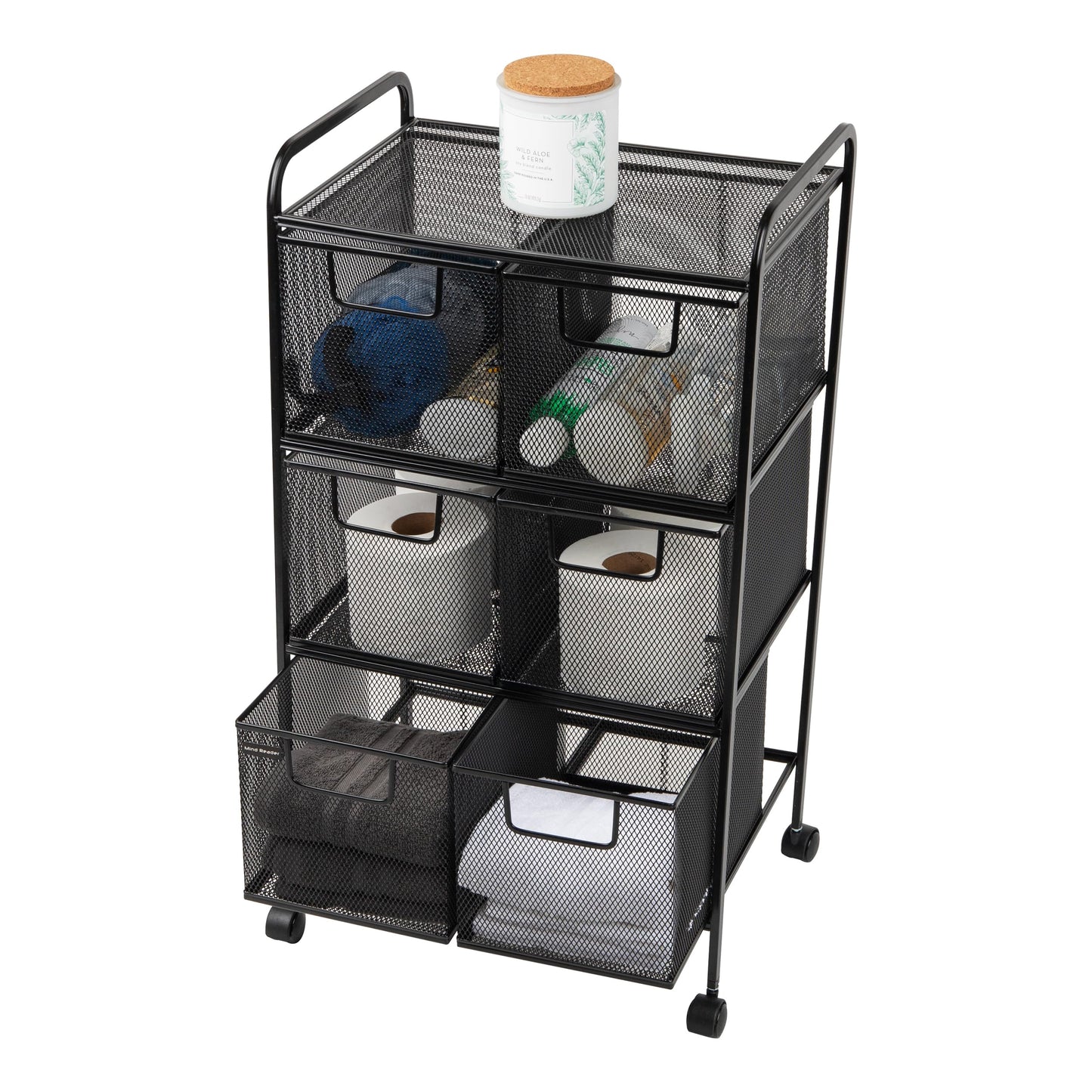 Multipurpose Rolling Cart with Drawers and Metal Mesh