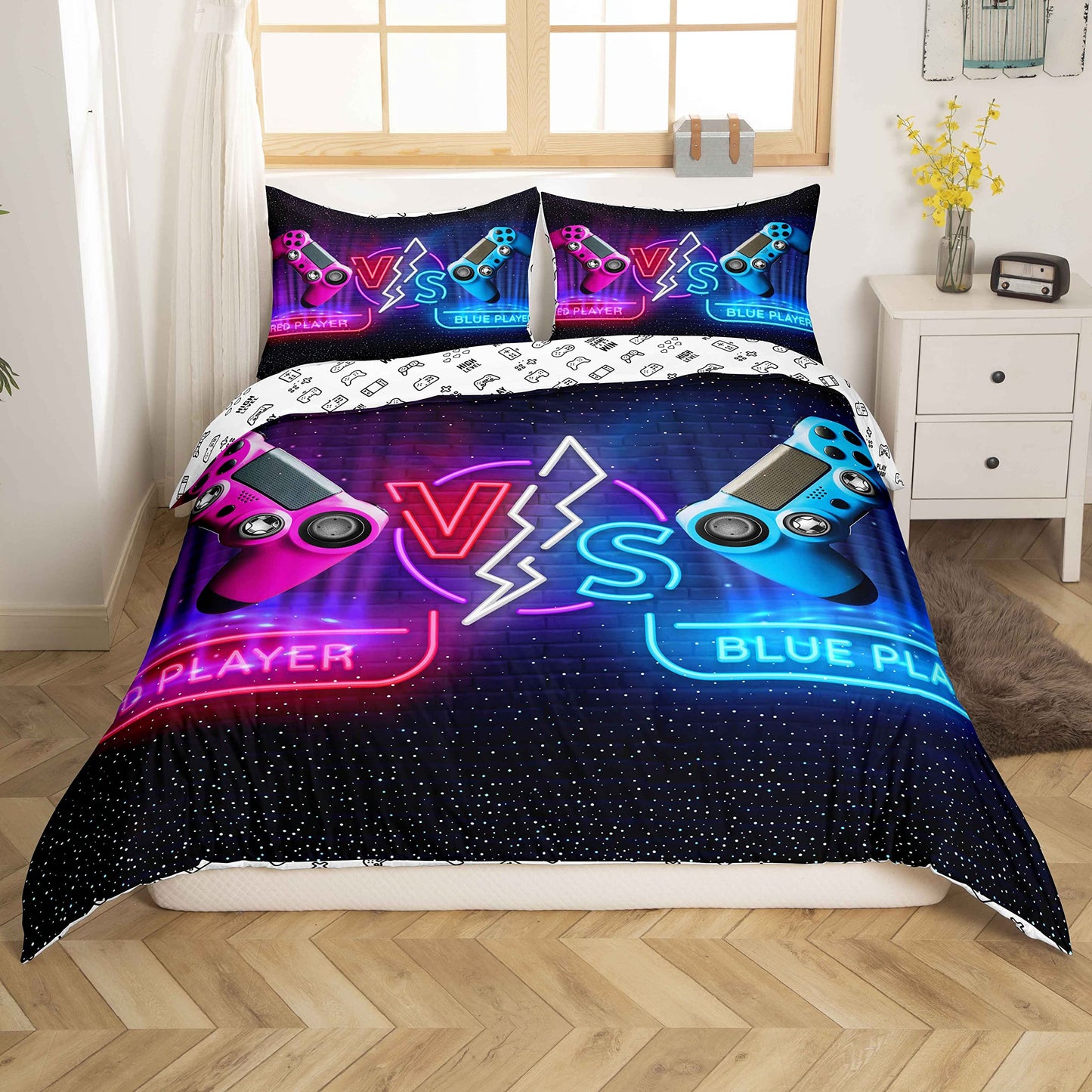 Game Comforter Cover Set Game Player Battle Duvet Cover for Kids Boys Teens Blue Red Video Game Gamepad Bedding Set Game Controller Bedspread Cover Bedroom 3Pcs King Size