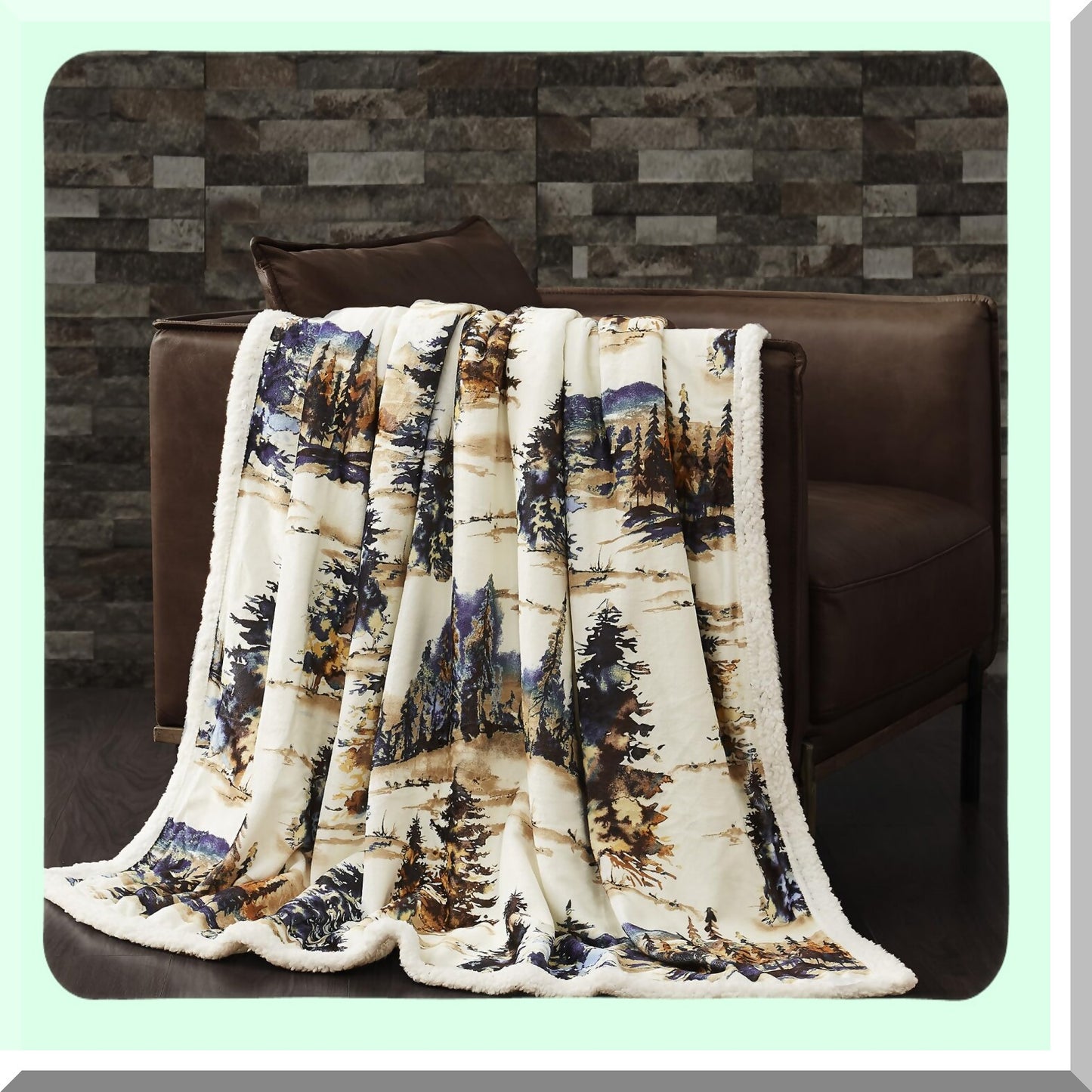 Forest Pine Sherpa Throw Blanket - Cozy Woodland Mountain Print, Perfect for Camping, Outdoor Adventures, Cabin Lodge, Rustic Fleece, 54x68 inches