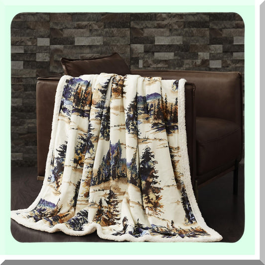 Forest Pine Sherpa Throw Blanket - Cozy Woodland Mountain Print, Perfect for Camping, Outdoor Adventures, Cabin Lodge, Rustic Fleece, 54x68 inches
