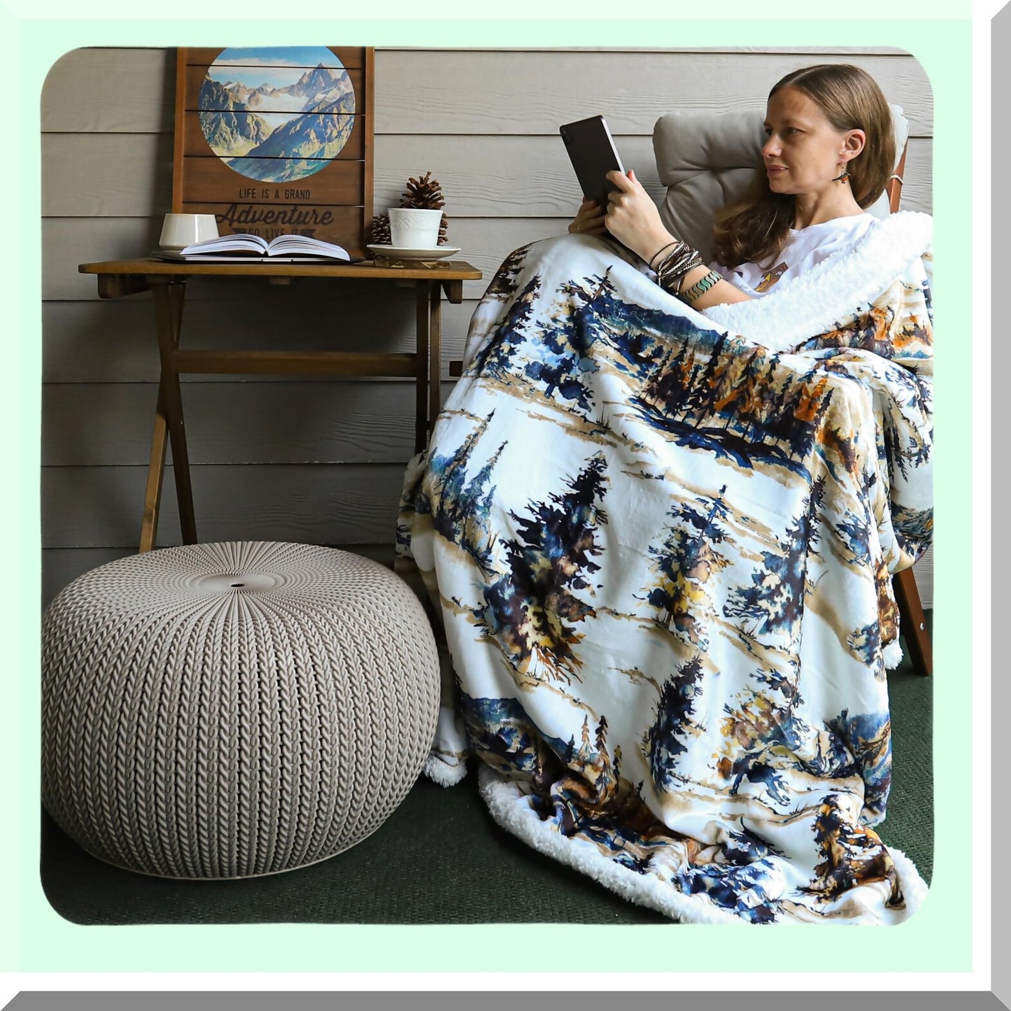 Forest Pine Sherpa Throw Blanket - Cozy Woodland Mountain Print, Perfect for Camping, Outdoor Adventures, Cabin Lodge, Rustic Fleece, 54x68 inches