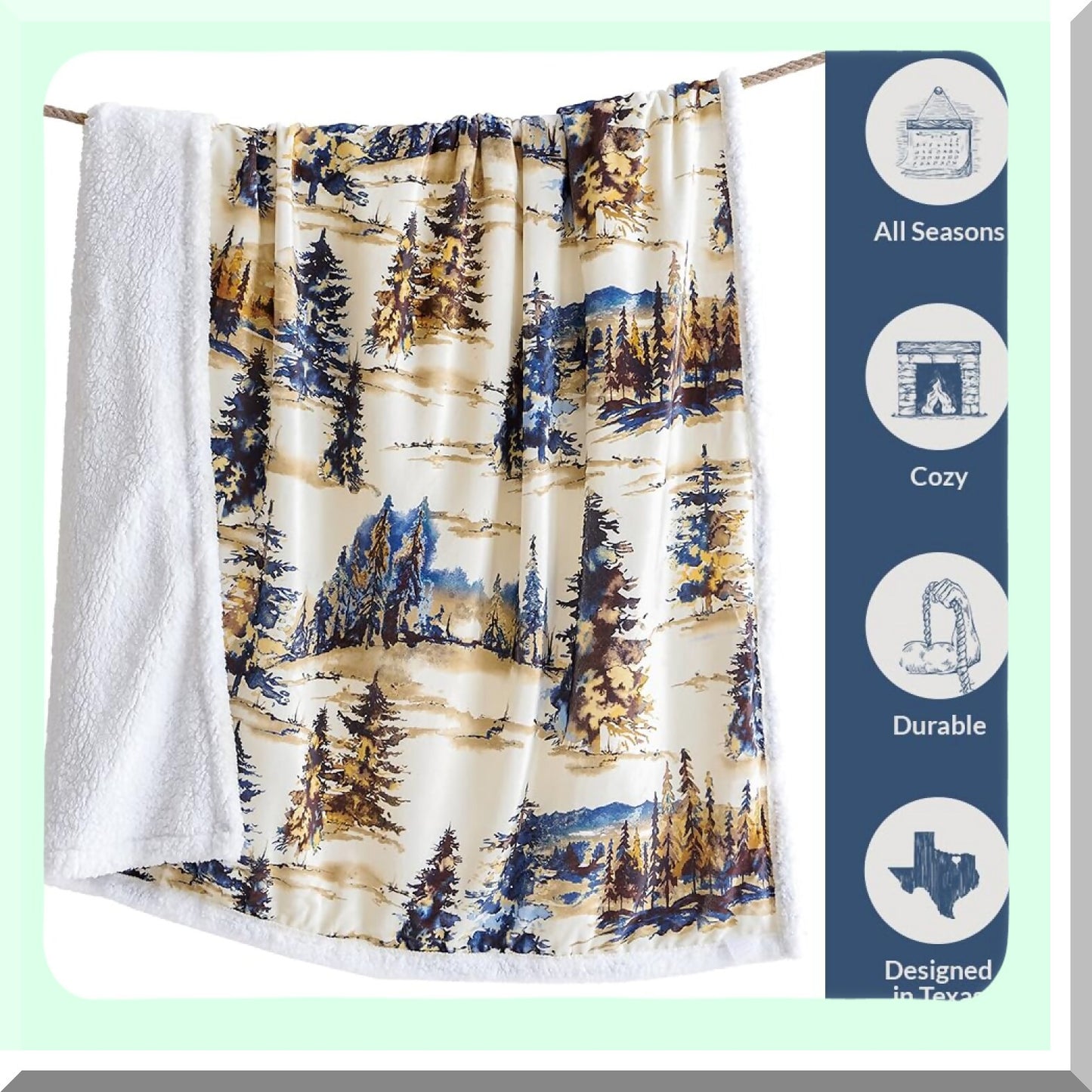 Forest Pine Sherpa Throw Blanket - Cozy Woodland Mountain Print, Perfect for Camping, Outdoor Adventures, Cabin Lodge, Rustic Fleece, 54x68 inches
