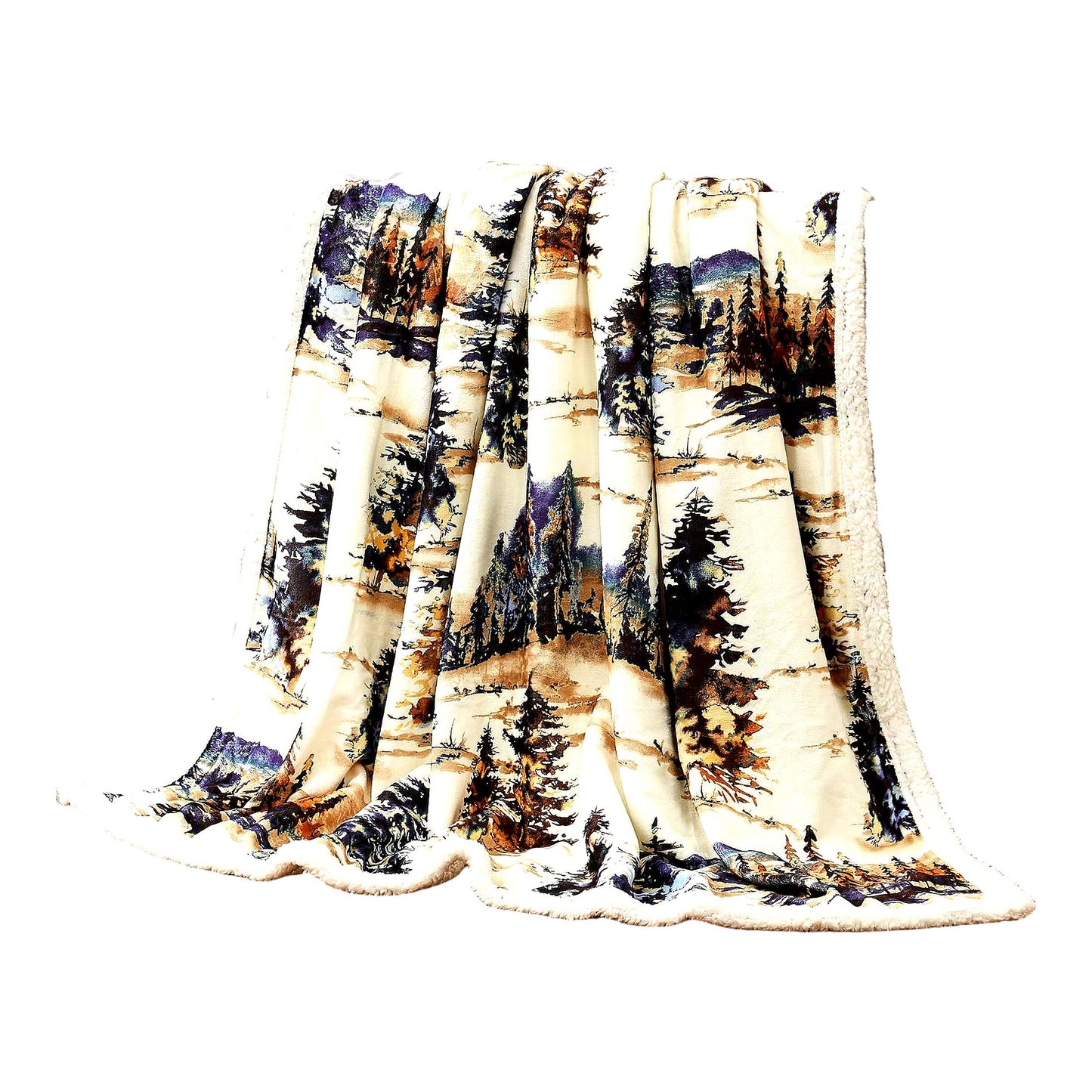 Forest Pine Sherpa Throw Blanket - Cozy Woodland Mountain Print, Perfect for Camping, Outdoor Adventures, Cabin Lodge, Rustic Fleece, 54x68 inches