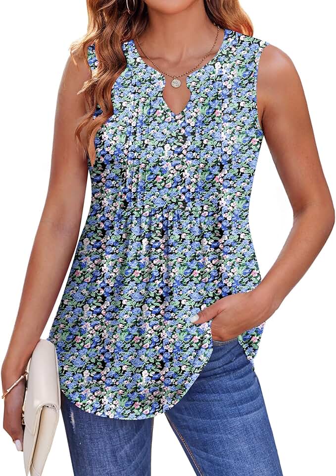 Women's Summer Pleated V-Neck Floral Tank Top