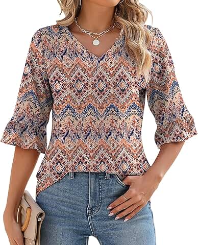 Women's 3/4 Sleeve Summer V-Neck Eyelet Top