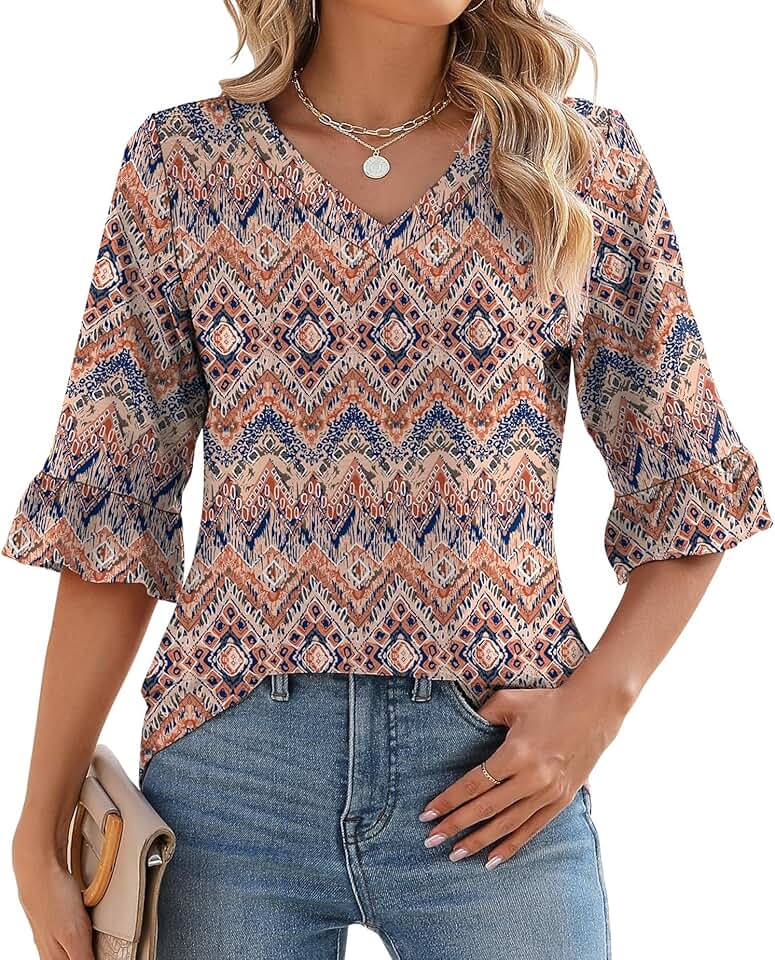 Women's 3/4 Sleeve Summer V-Neck Eyelet Top