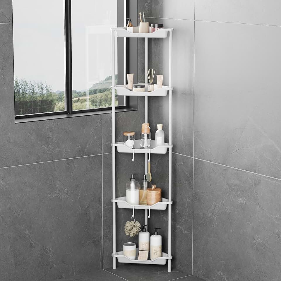 5-Tier Floor Corner Shower Caddy Organizer in White