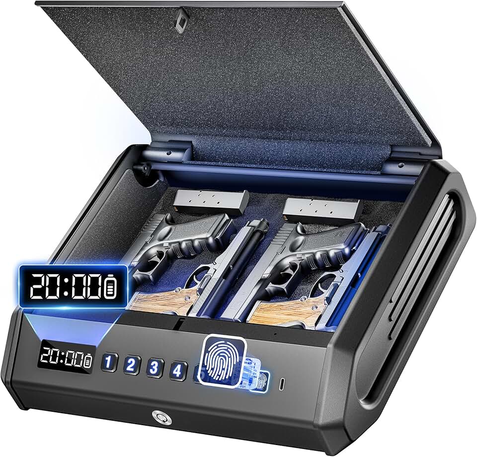 Large biometric gun safe for four pistols with fingerprint access