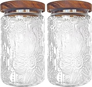 Large 35oz Glass Storage Jars with Wood Lids, Set of 2