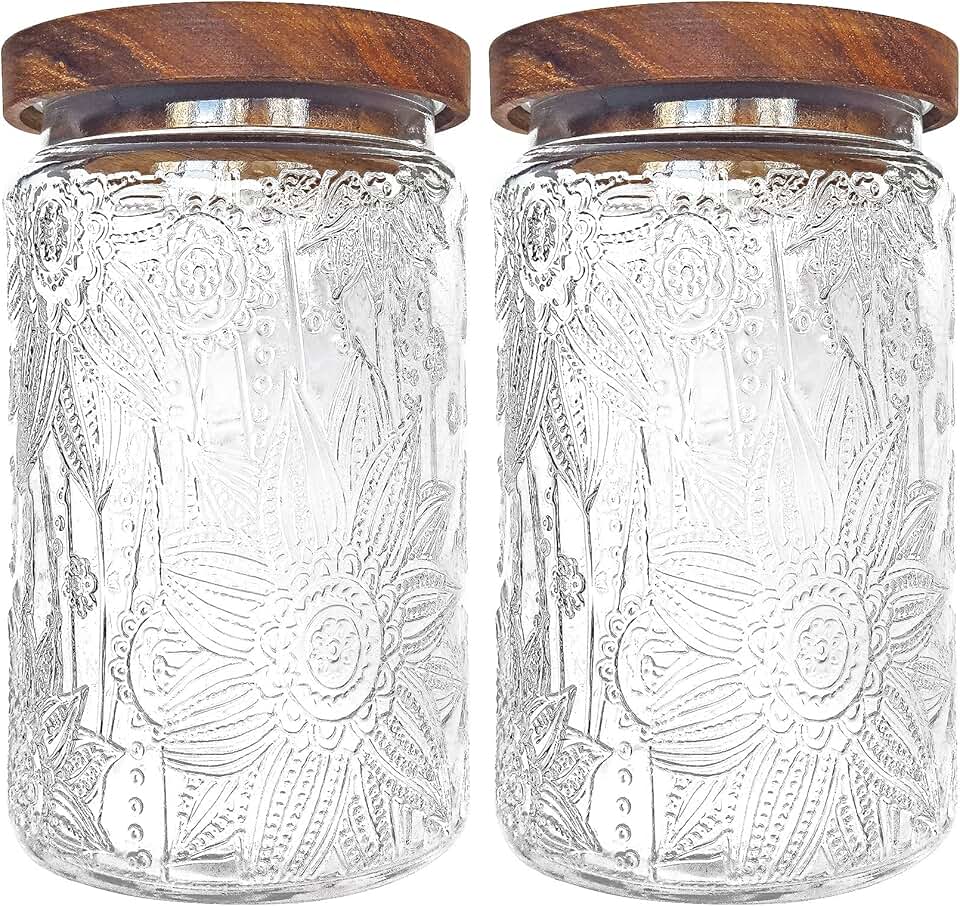 Large 35oz Glass Storage Jars with Wood Lids, Set of 2