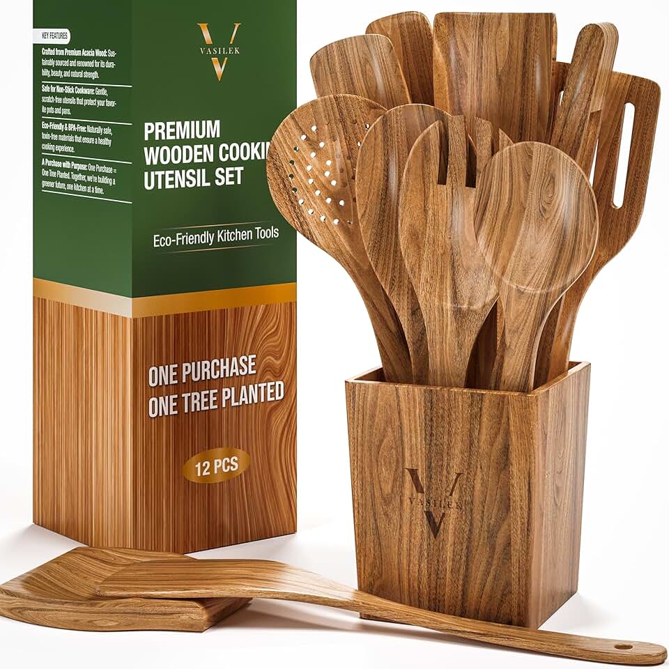 12-Piece Wooden Kitchen Utensil Set with Holder