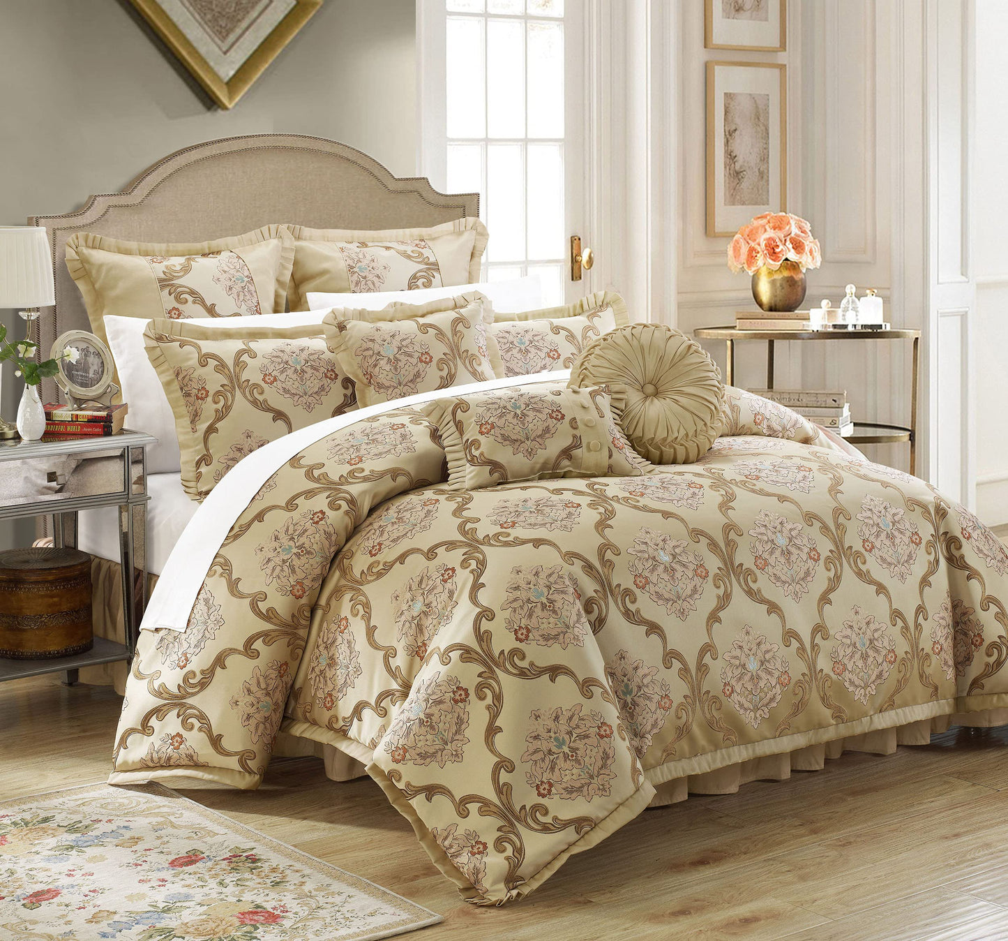 9 Piece Aubrey Decorator Upholstery Comforter Set and Pillows Ensemble, Queen, Beige