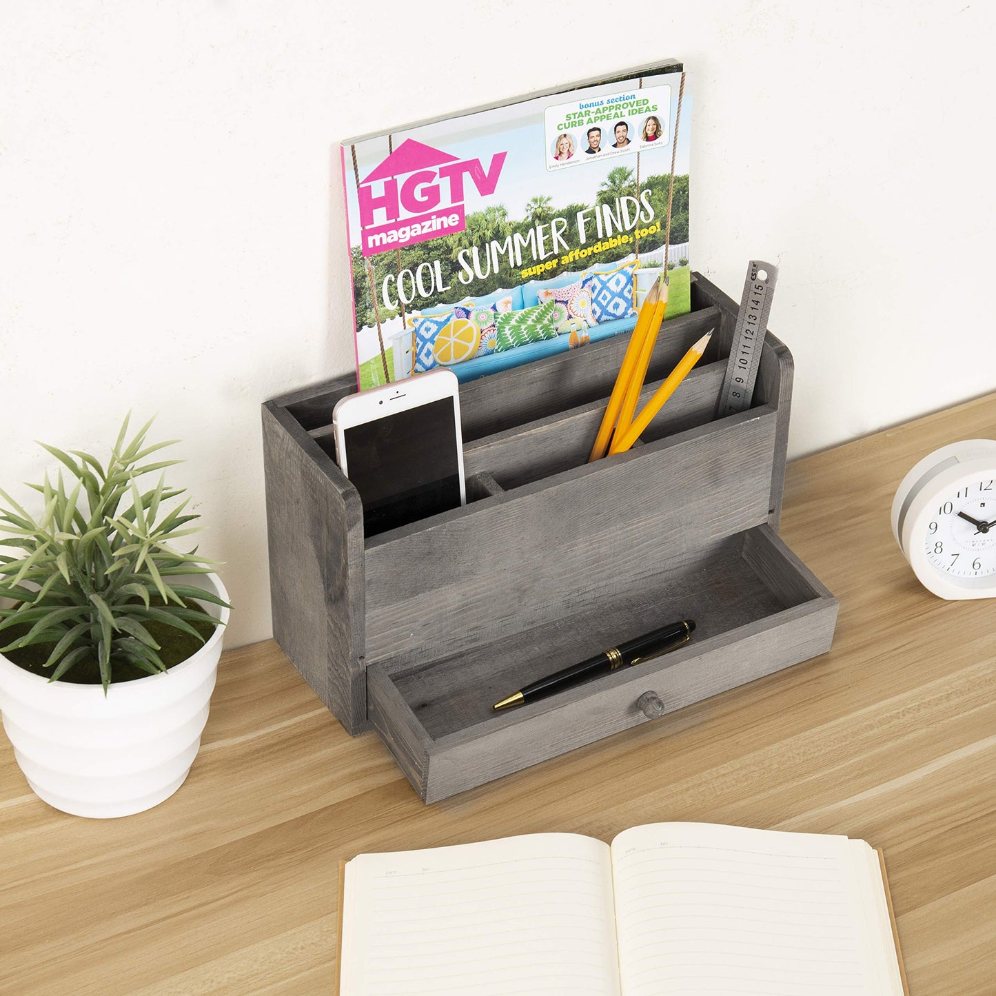 Rustic Gray Wooden Desk Organizer with 5 Slots and Drawer