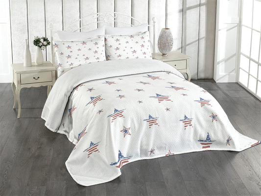 4th of July Bedspread, Scattered Stars with Flag Motifs Independence Day Theme, Decorative Quilted 3 Piece Coverlet Set with 2 Pillow Shams, Queen Size, Ruby Navy Blue White