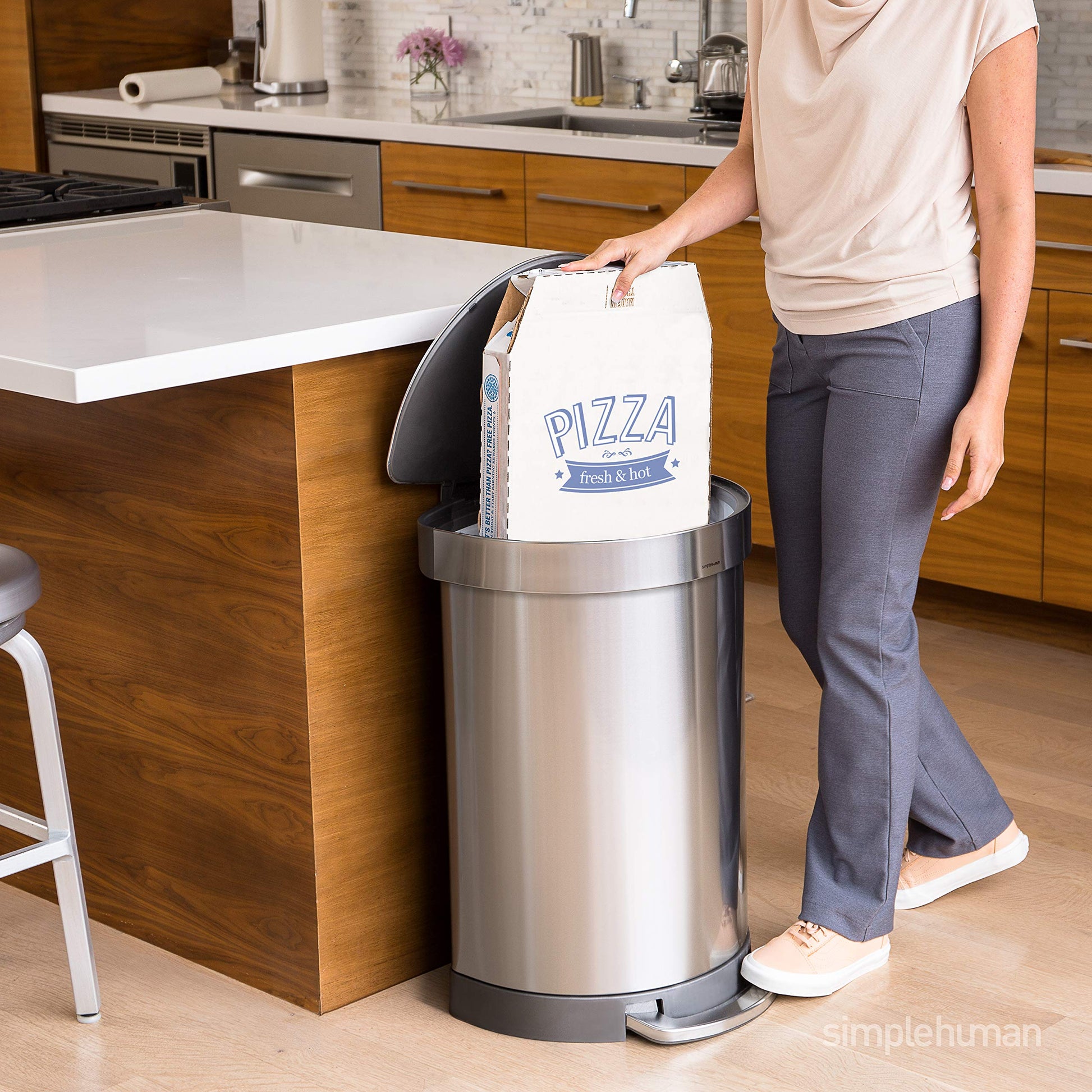 60 Liter Semi-Round Hands-Free Kitchen Step Trash Can with Soft-Close Lid, Brushed