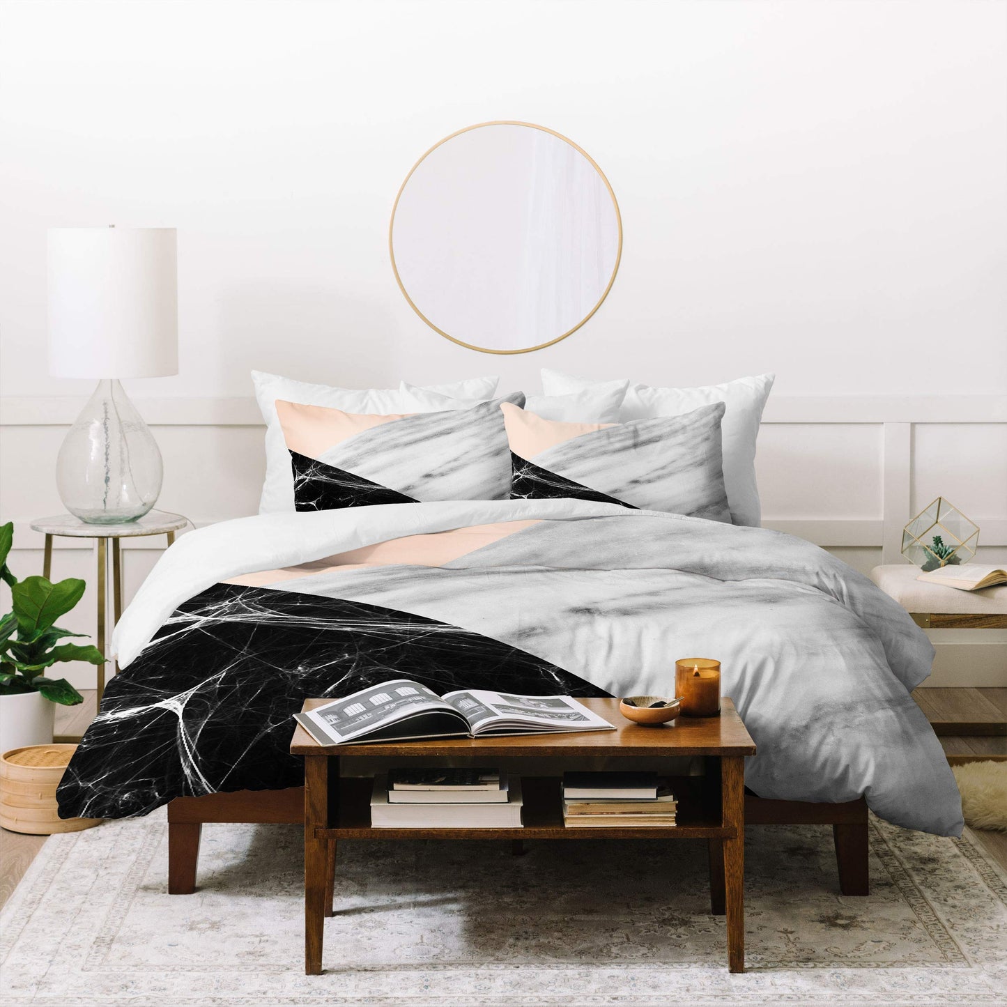Emmanuela Carratoni Marble Collage with Pink Duvet Set with Pillow Sham, Twin, Black  White