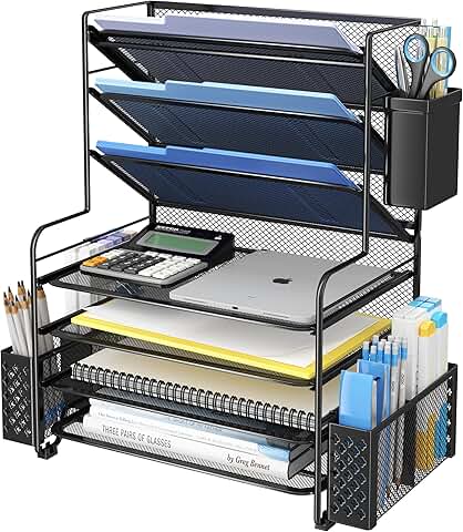 7-Tier Desk File Organizer with Pen Holder and Basket