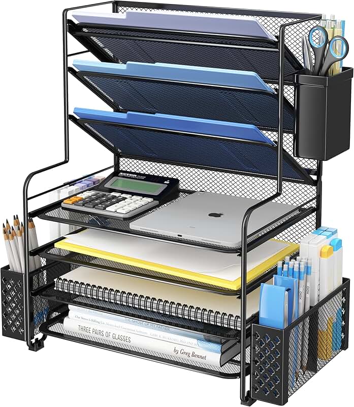 7-Tier Desk File Organizer with Pen Holder and Basket