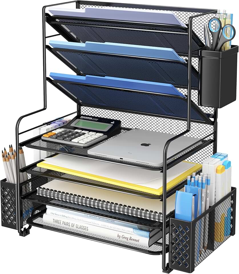 7-Tier Desk File Organizer with Pen Holder and Basket