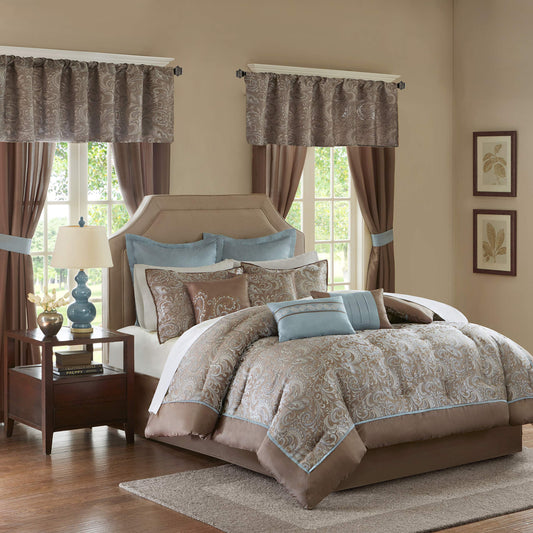 Essentials Brystol 24 Piece Room in a Bag Faux Silk Comforter Jacquard Paisley Design Matching Curtains Down Alternative Hypoaller ic All Season Bedding-Set, King 104 in x 92 in), Blue