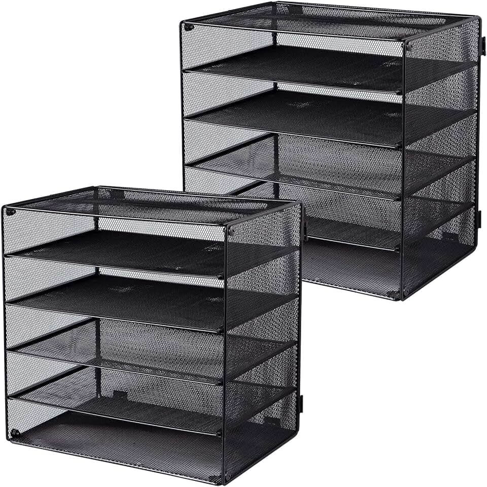 5 Slot Mesh Desk Organizer Tray, Black, 2 Pack