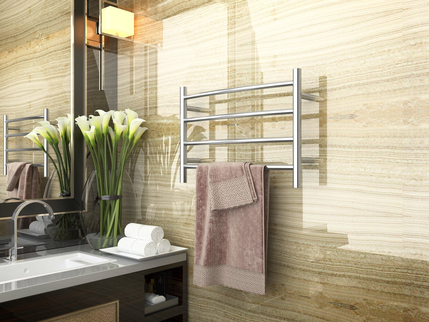 Glow 4-Bar Wall Mounted Towel Warmer in Polished Chrome  Energy Efficient 40W Electric Plug in Heated Towel Rack  Stainless Steel Towel Heater Rail Quick Towel Dryer  TW-AZ018CH
