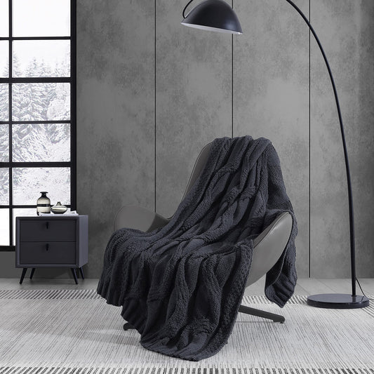 Throw Blanket Ultra Soft Chenille Home Dcor, All Season Designer Bedding, 50 x 70, Large Cable Knit Black