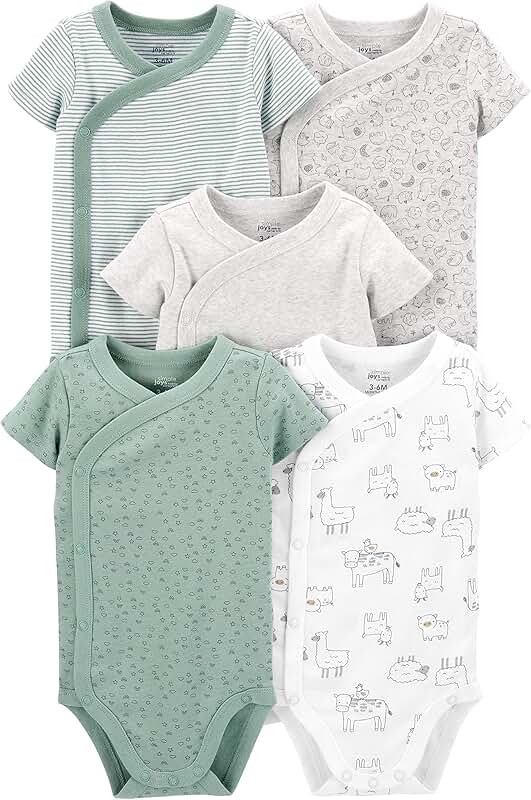 Five unisex baby short-sleeve bodysuits