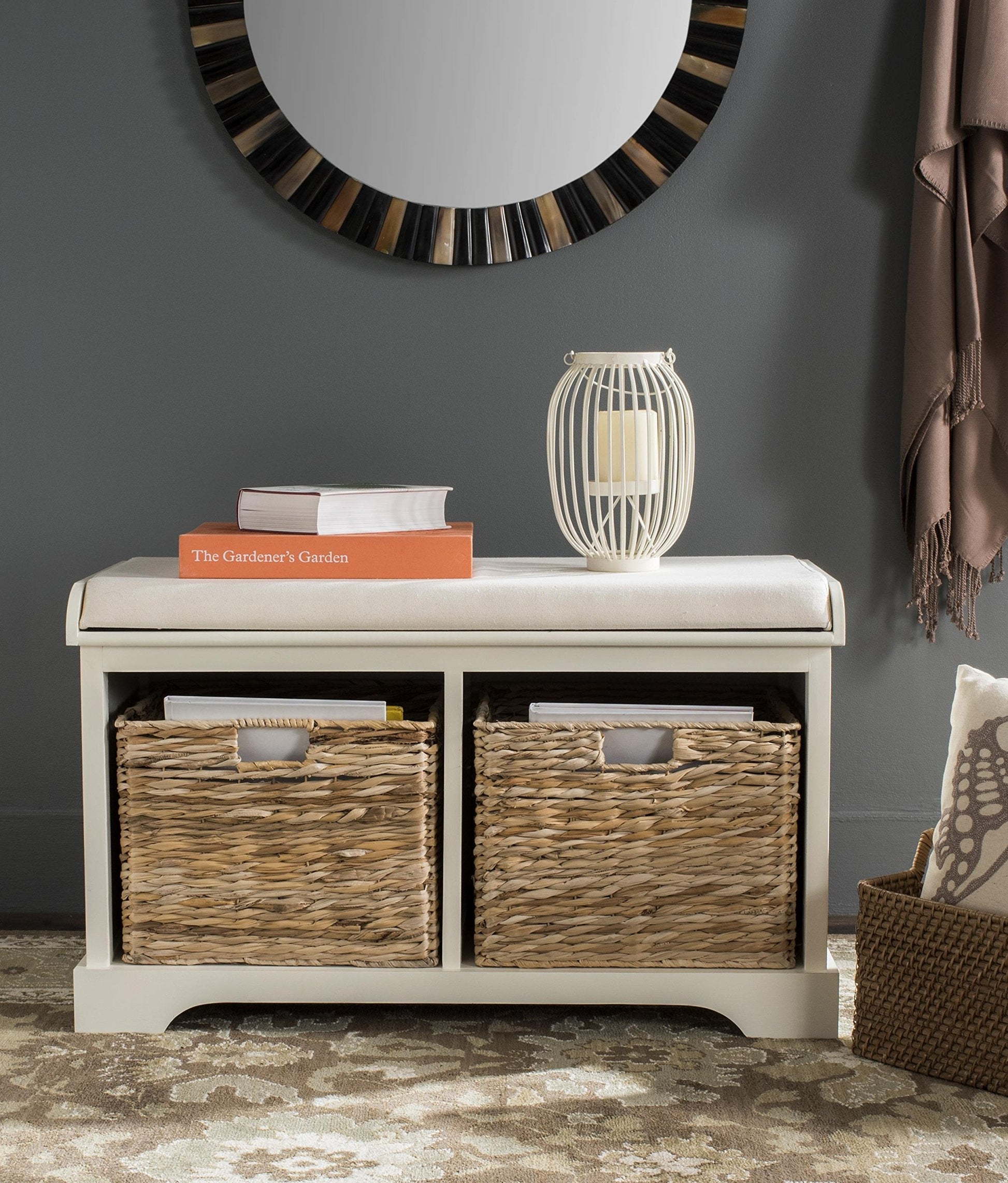 Home Freddy Vintage Grey  Wicker Basket 2-Dr er Storage Bench with Cushion Fully Assembled)
