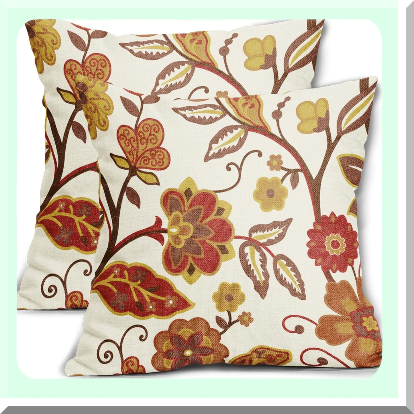 Autumn Bloom Pillow Covers - Set of 2 Red Yellow Burnt Orange Flower Print Throw Pillows - Outdoor Decorative Cushion Cases for Home Couch Sofa Bed - Farmhouse Fall Floral Linen Square Decor