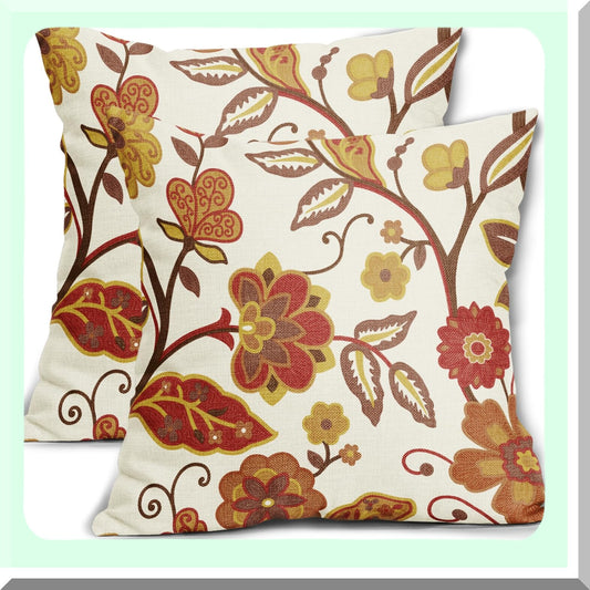 Autumn Bloom Pillow Covers - Set of 2 Red Yellow Burnt Orange Flower Print Throw Pillows - Outdoor Decorative Cushion Cases for Home Couch Sofa Bed - Farmhouse Fall Floral Linen Square Decor