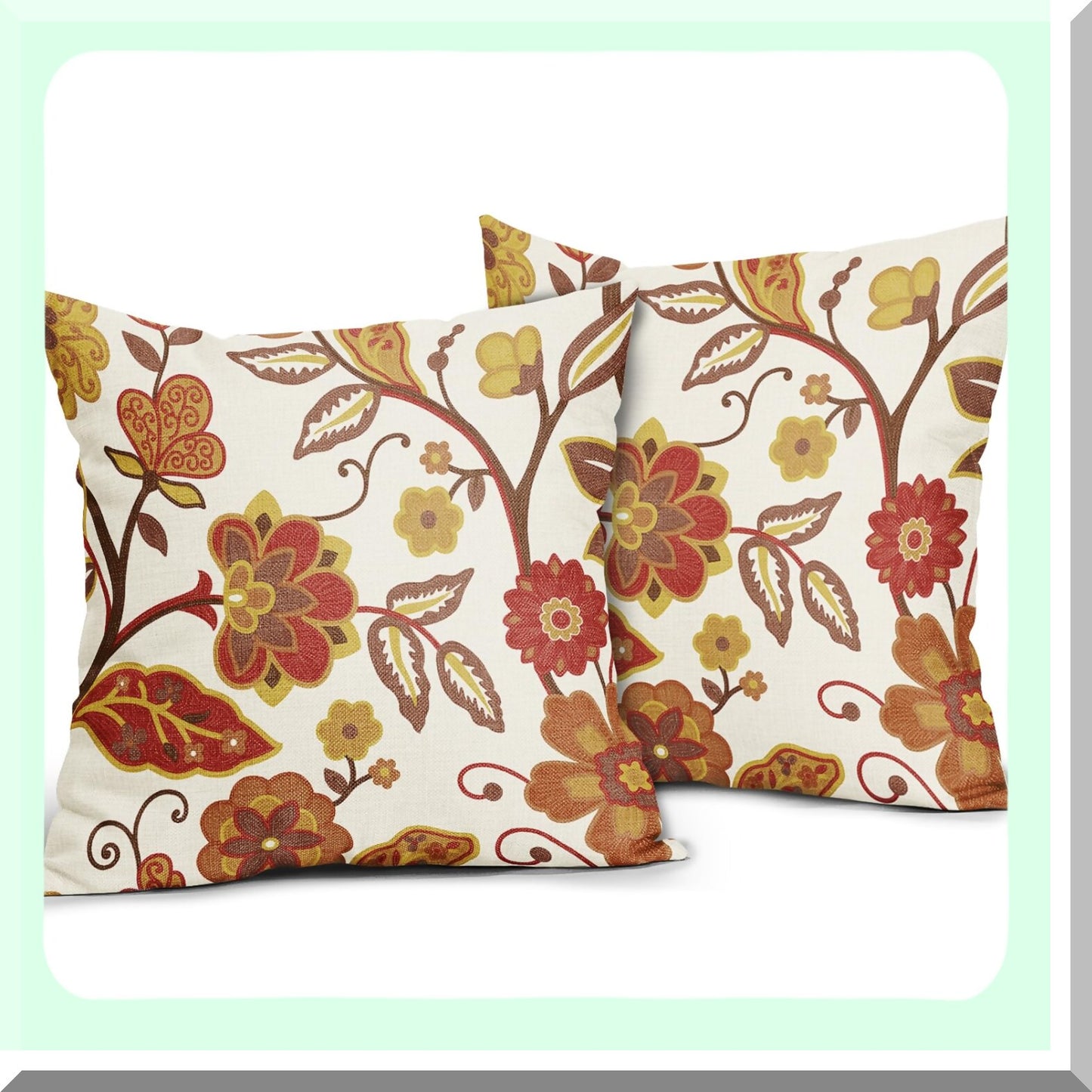 Autumn Bloom Pillow Covers - Set of 2 Red Yellow Burnt Orange Flower Print Throw Pillows - Outdoor Decorative Cushion Cases for Home Couch Sofa Bed - Farmhouse Fall Floral Linen Square Decor