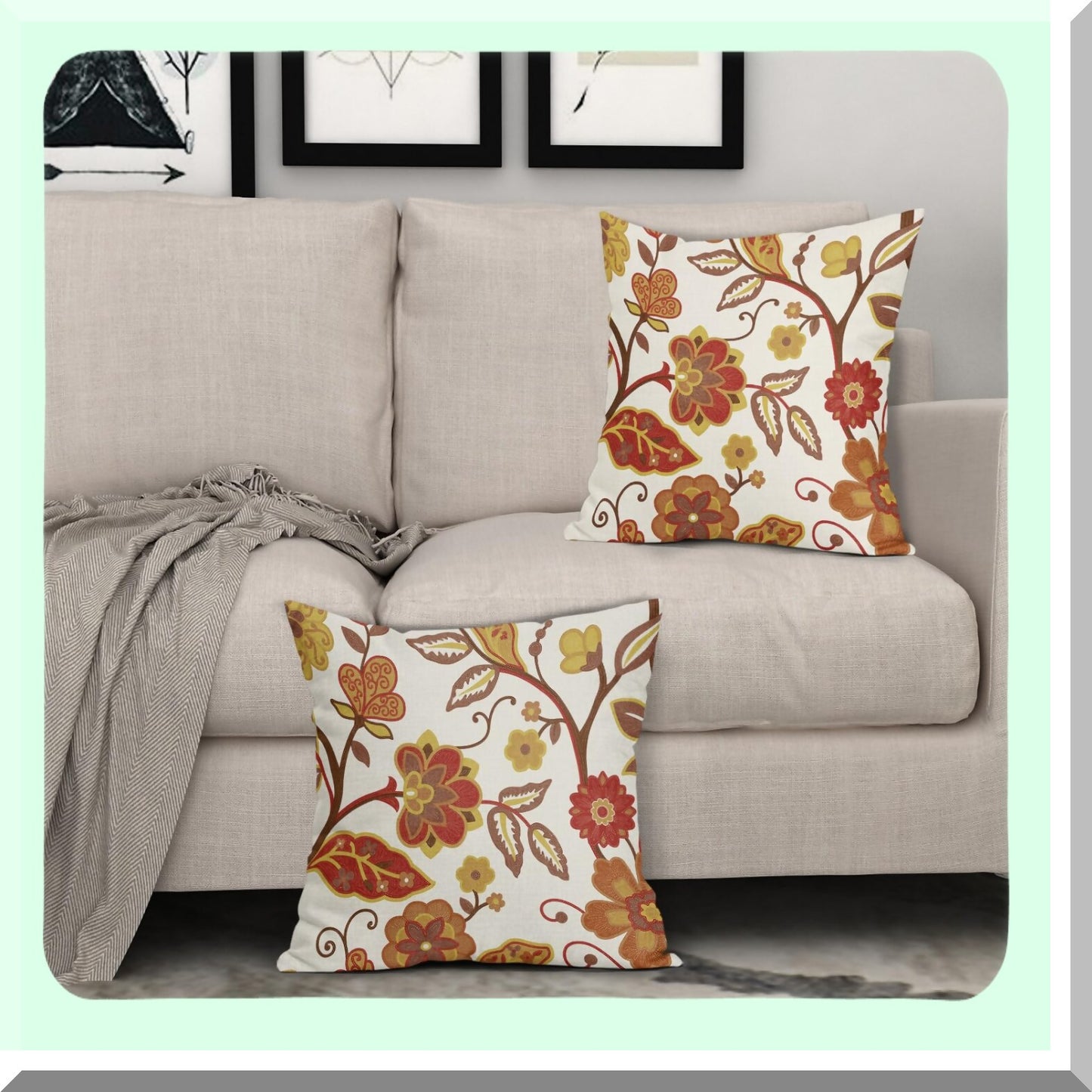 Autumn Bloom Pillow Covers - Set of 2 Red Yellow Burnt Orange Flower Print Throw Pillows - Outdoor Decorative Cushion Cases for Home Couch Sofa Bed - Farmhouse Fall Floral Linen Square Decor