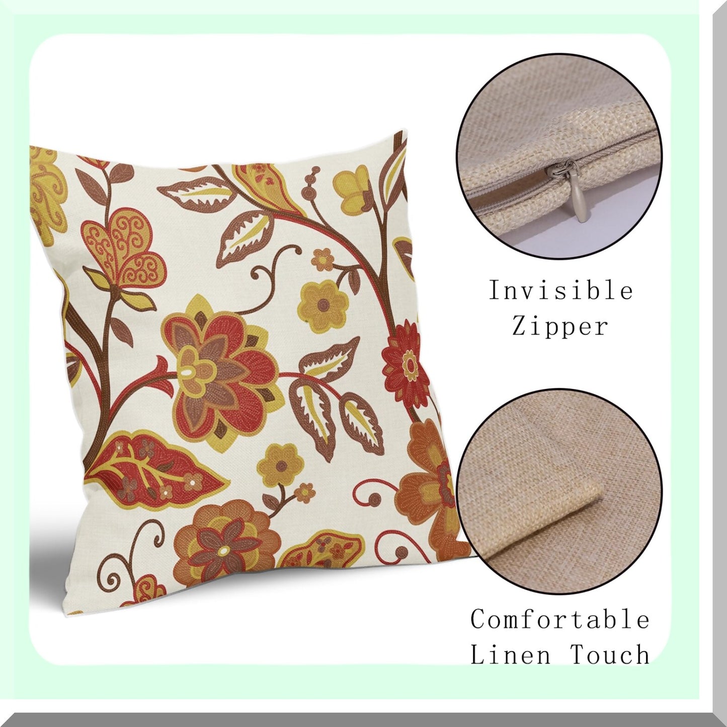 Autumn Bloom Pillow Covers - Set of 2 Red Yellow Burnt Orange Flower Print Throw Pillows - Outdoor Decorative Cushion Cases for Home Couch Sofa Bed - Farmhouse Fall Floral Linen Square Decor