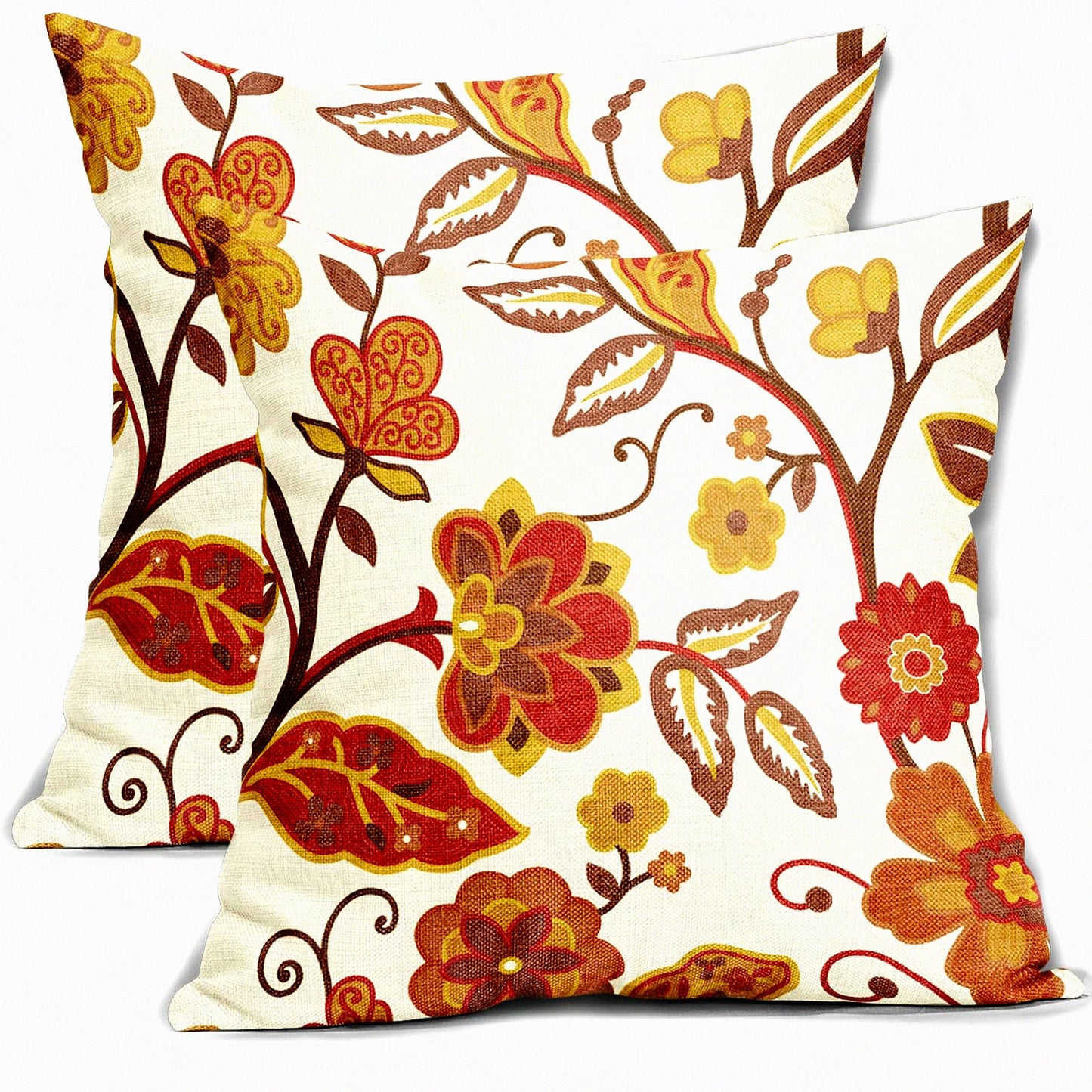 Autumn Bloom Pillow Covers - Set of 2 Red Yellow Burnt Orange Flower Print Throw Pillows - Outdoor Decorative Cushion Cases for Home Couch Sofa Bed - Farmhouse Fall Floral Linen Square Decor