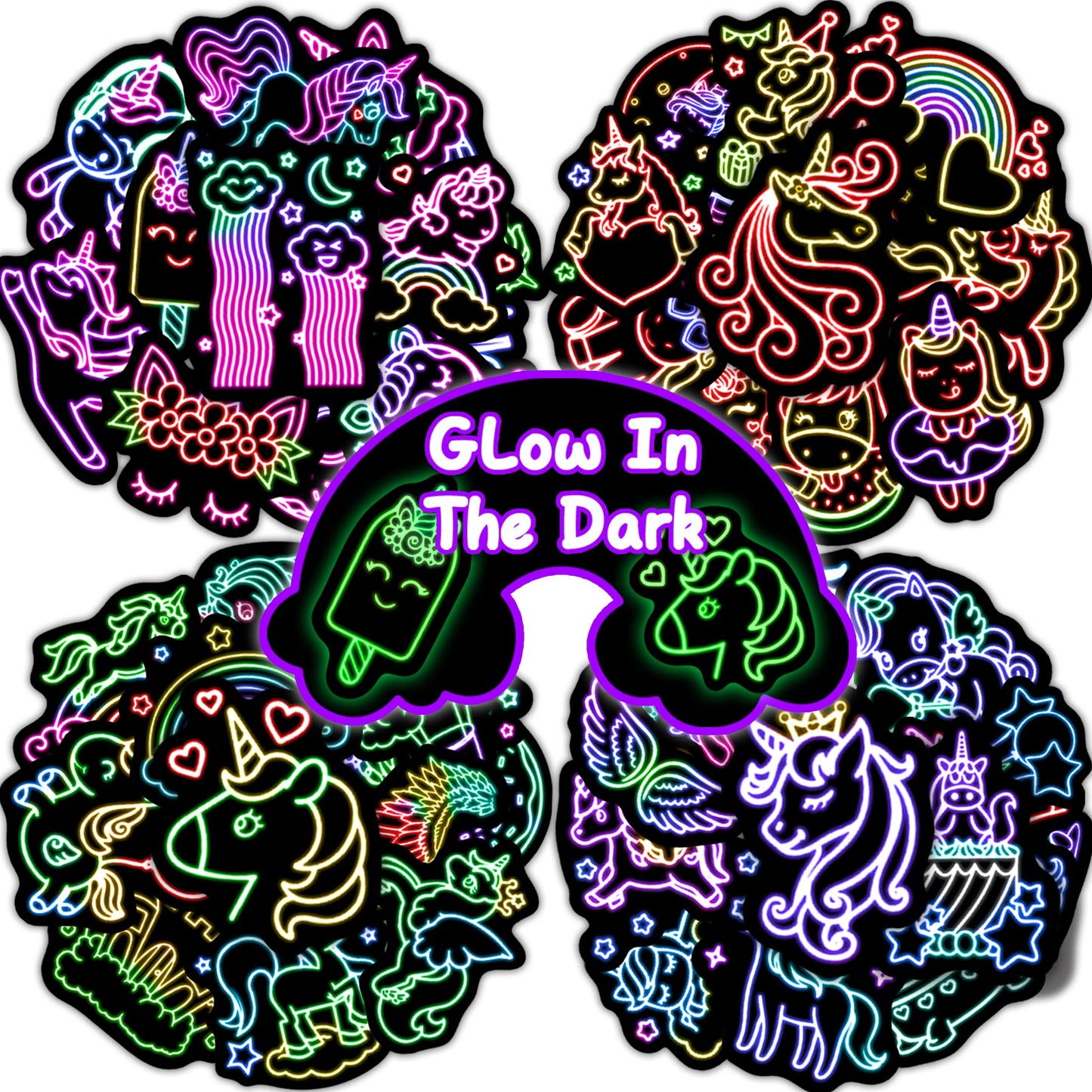 50 Glow-in-the-Dark Unicorn Water Bottle Stickers for Kids
