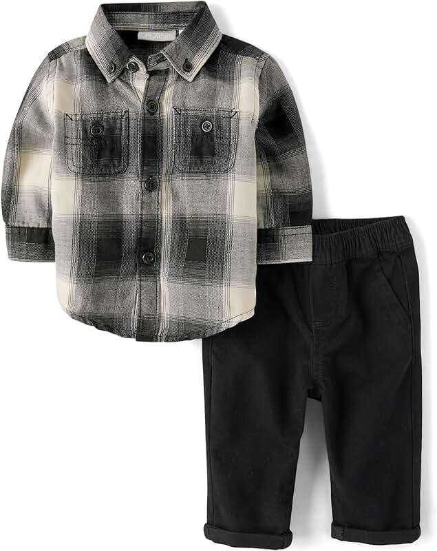 Baby boy long sleeve shirt and pants set in black plaid