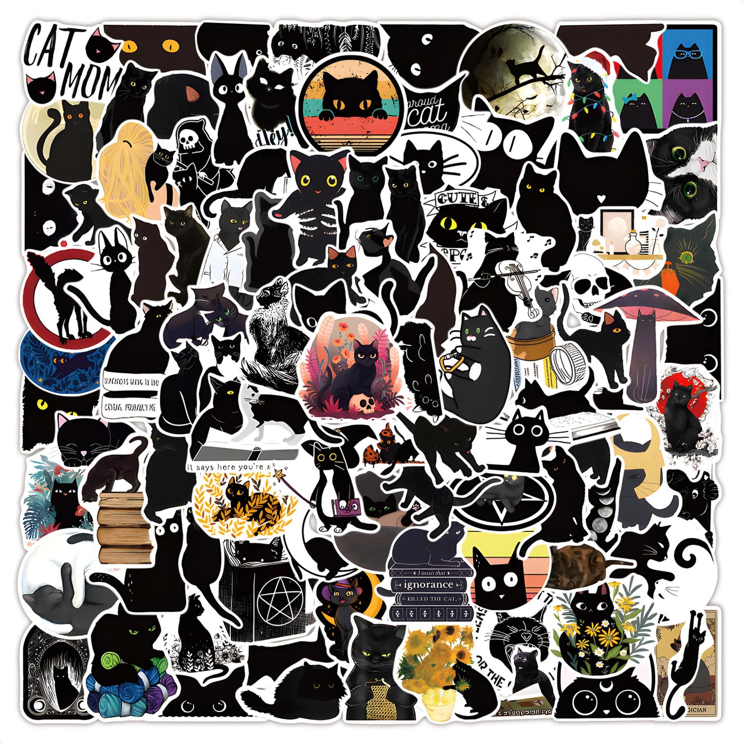 Set of 100 waterproof black and white cat stickers