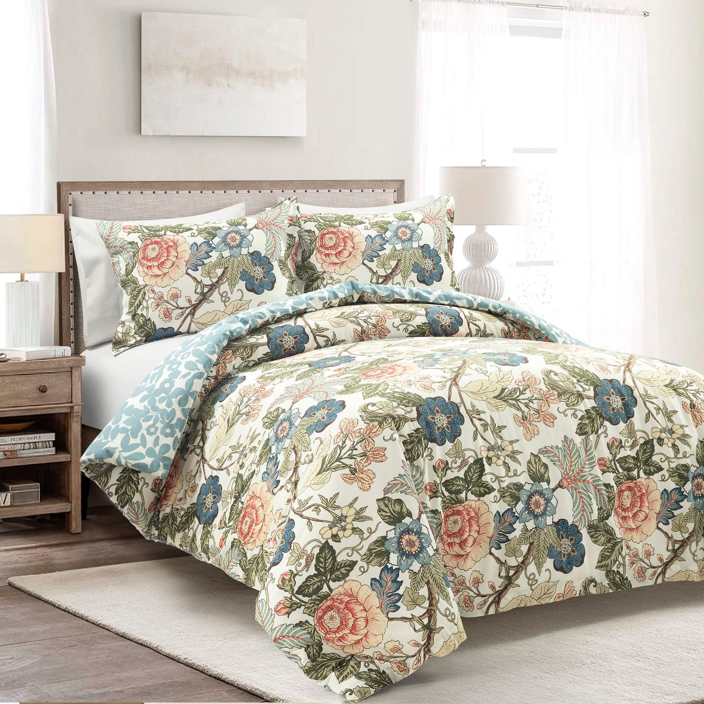 Sydney Reversible Cotton 3 Piece Duvet Cover Set, King, Green  Blue