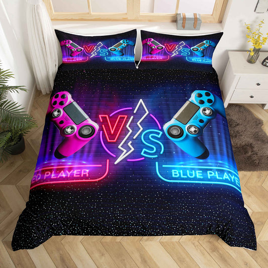 Game Comforter Cover Set Game Player Battle Duvet Cover for Kids Boys Teens Blue Red Video Game Gamepad Bedding Set Game Controller Bedspread Cover Bedroom 3Pcs King Size