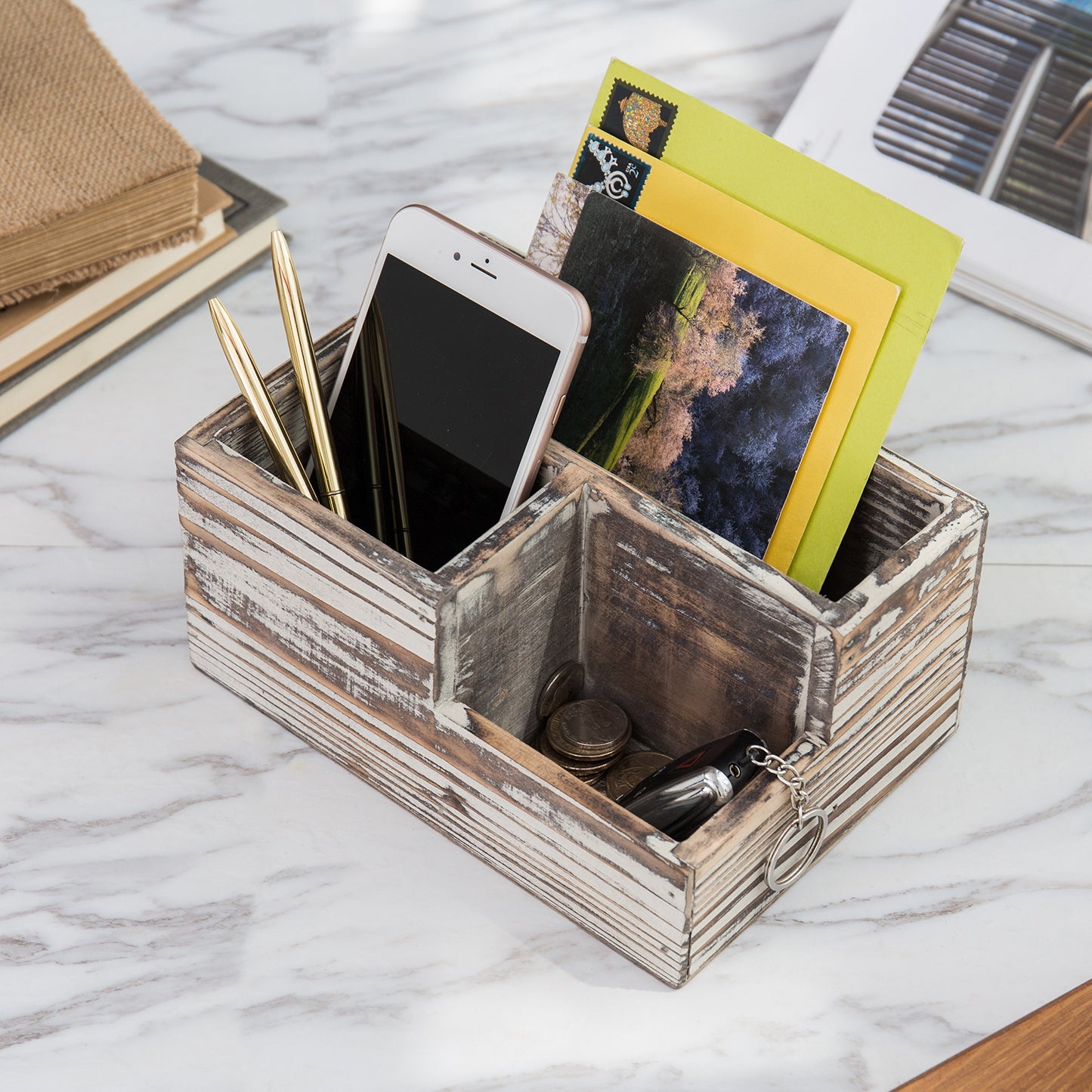 Wooden TV remote and stationery organizer with three compartments