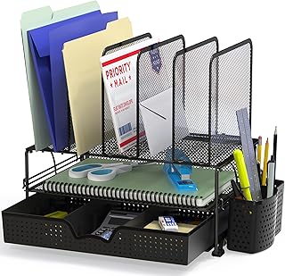 Mesh desk organizer with sliding drawer and sections