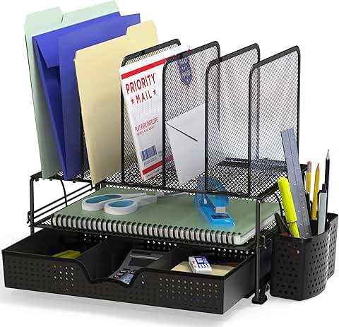 Mesh desk organizer with sliding drawer and sections