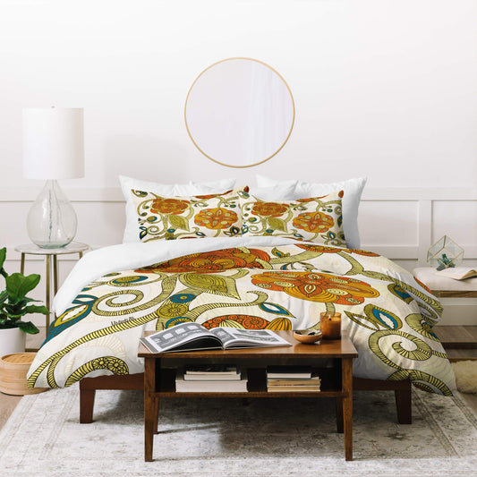 Valentina Ramos Orange Flowers Duvet Set with Two Pillow Shams, Full/Queen