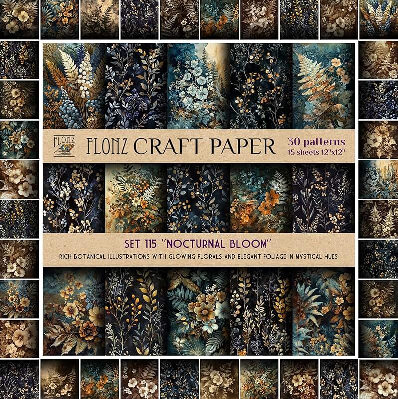 Nocturnal Bloom Scrapbook Paper with Botanical Designs