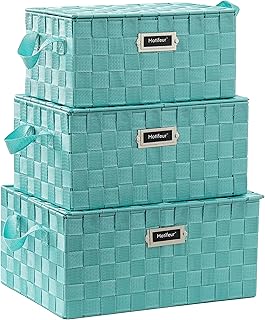 Set of 3 Green Woven Storage Baskets with Lids and Handles